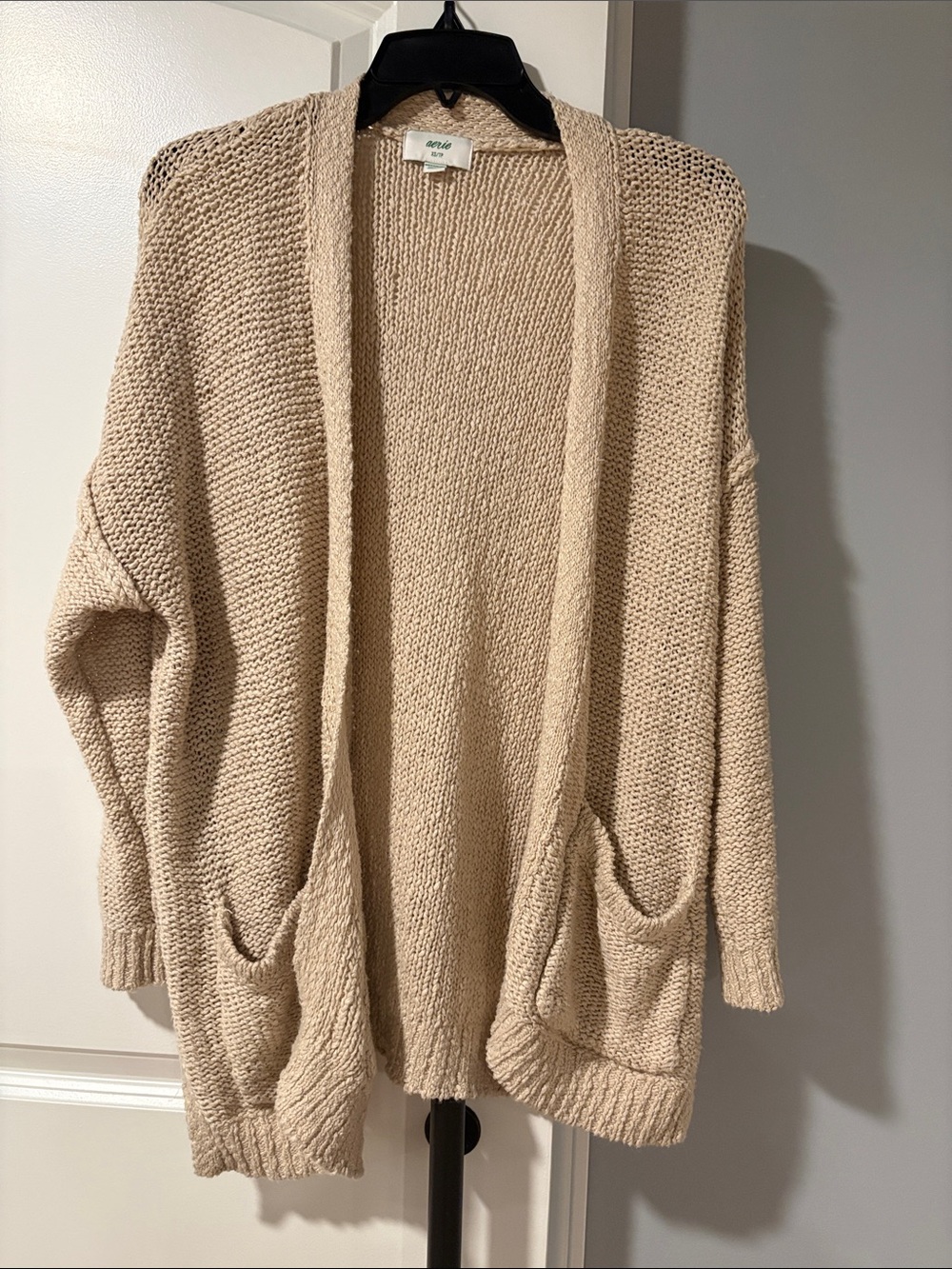 aerie Light Beige Open-Front Pocket Knit Cardigan